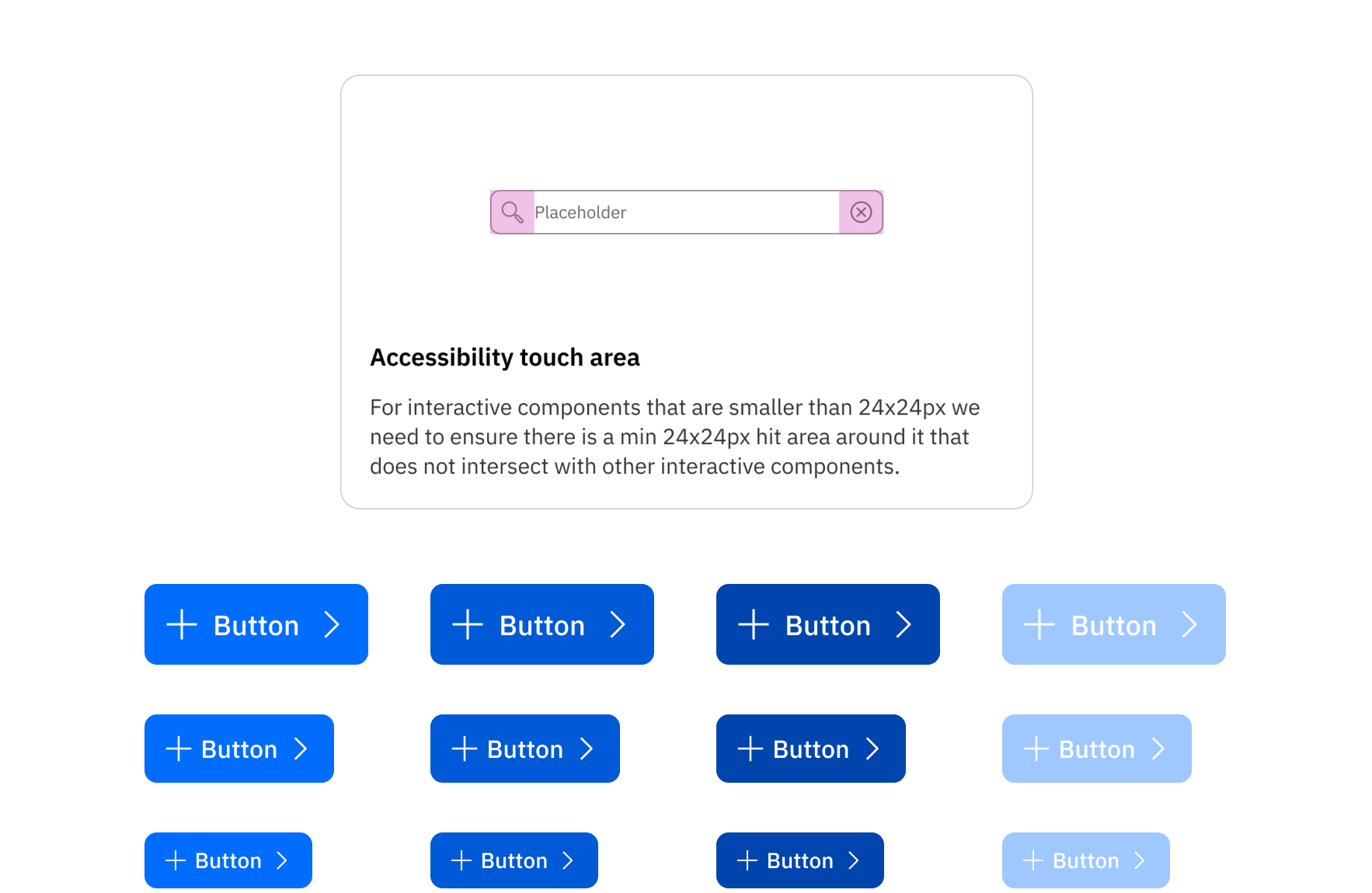 Accessible design system: the accessibility touch area rule for interactive components smaller than 24 by 24 pixels, and button variants