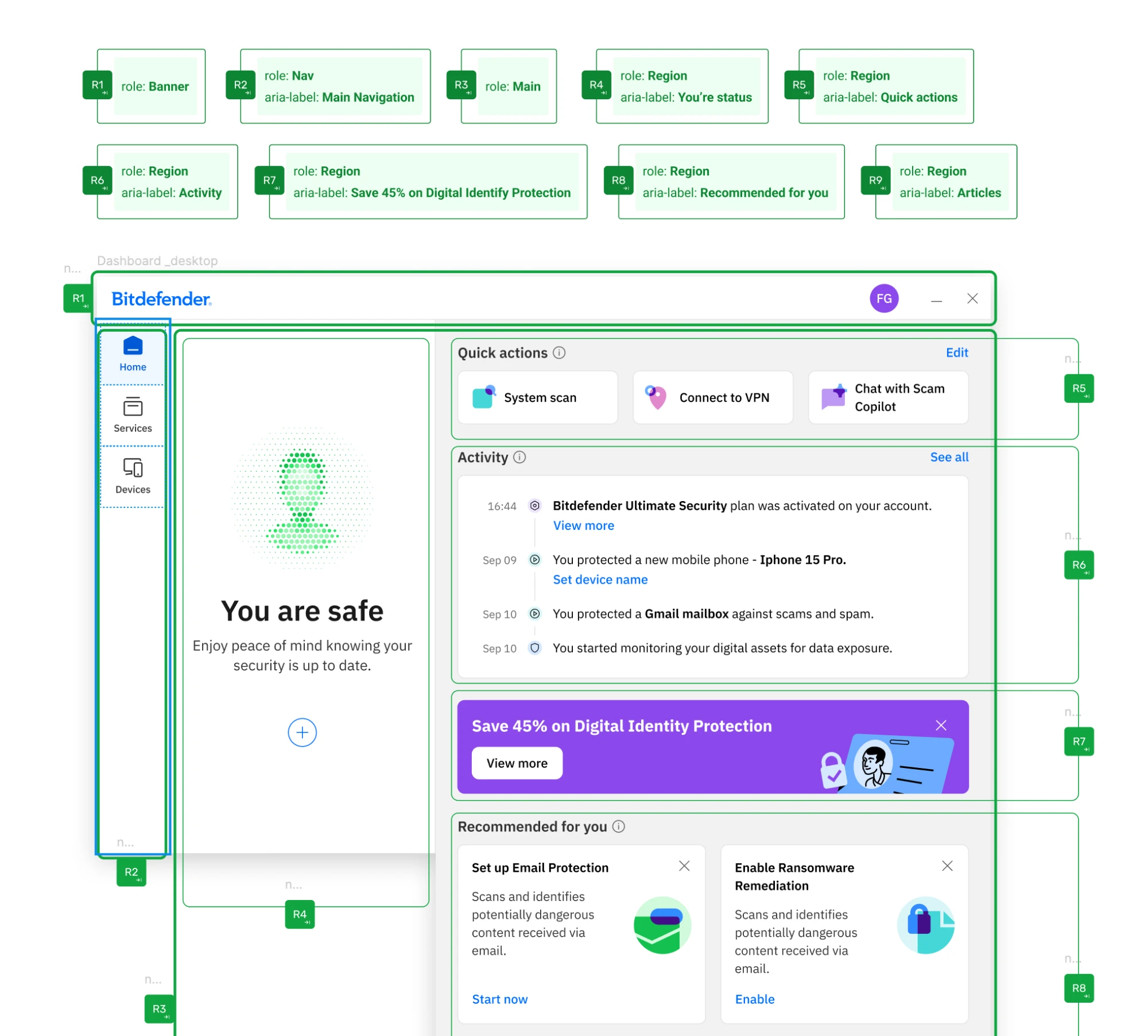 Bitdefender dashboard annotated with landmark regions: banner, navigation, main, status, quick actions, activity, promotion, recommendations and articles
