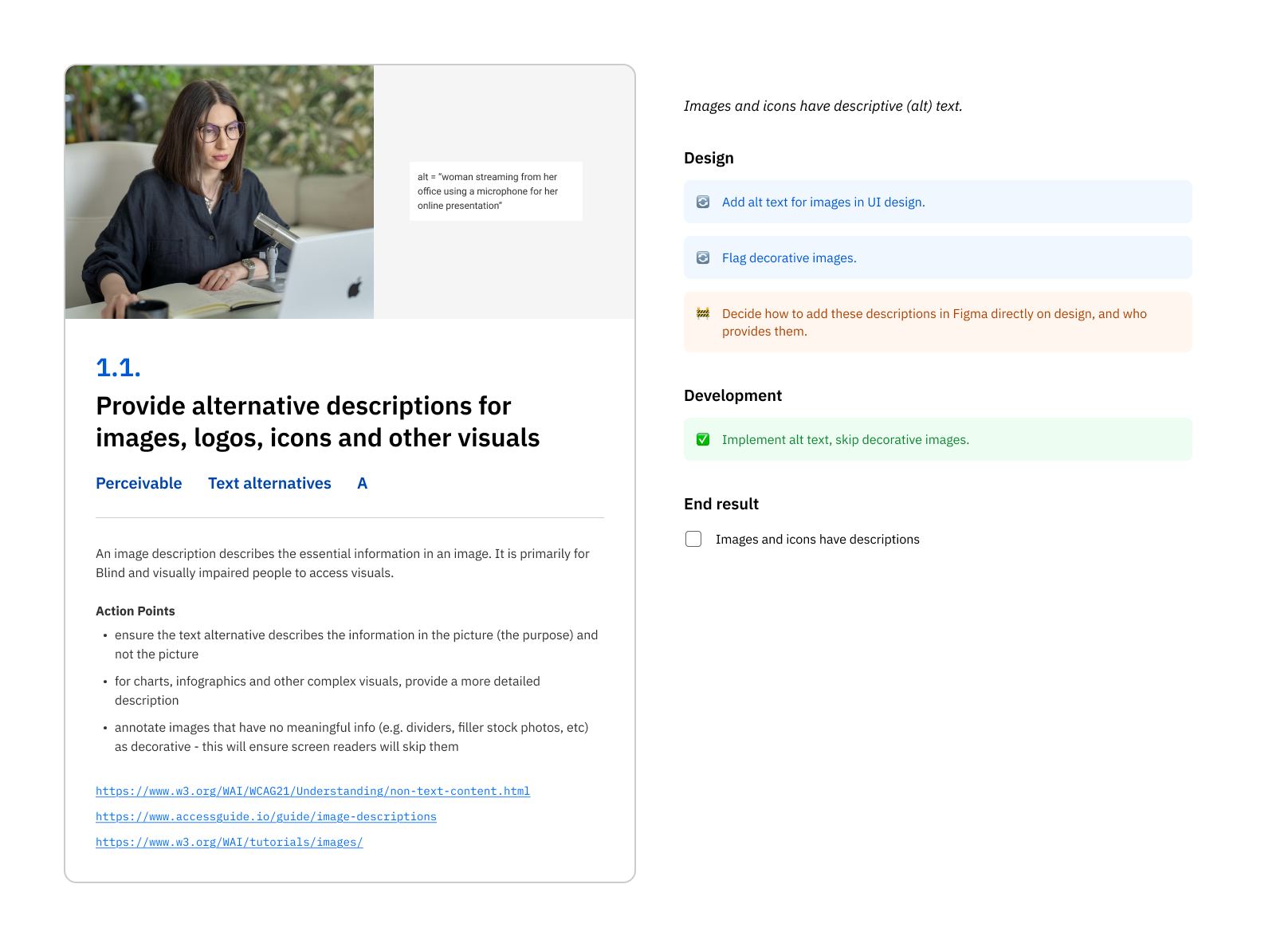 Accessibility checklist card 1.1: provide alternative descriptions for images, logos, icons and other visuals, with its design, development and end result steps