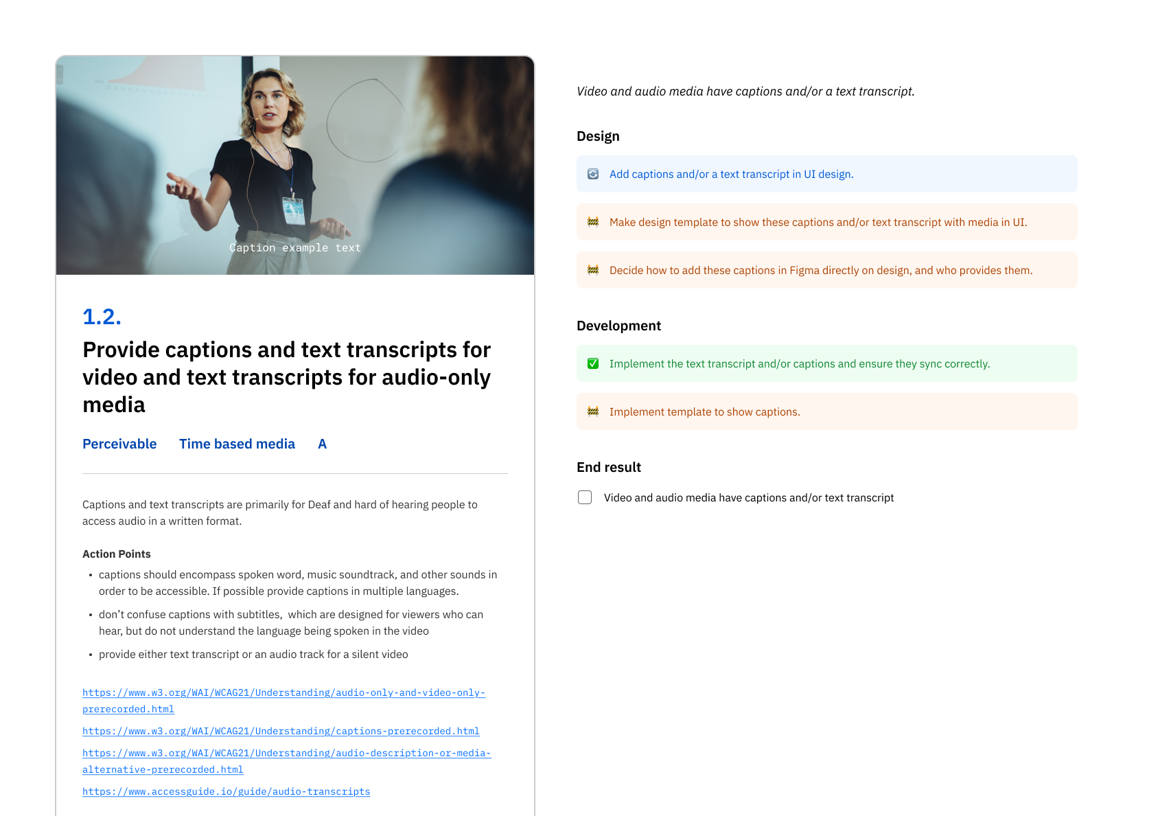Accessibility checklist card 1.2: provide captions and text transcripts for video and audio-only media, with its design, development and end result steps