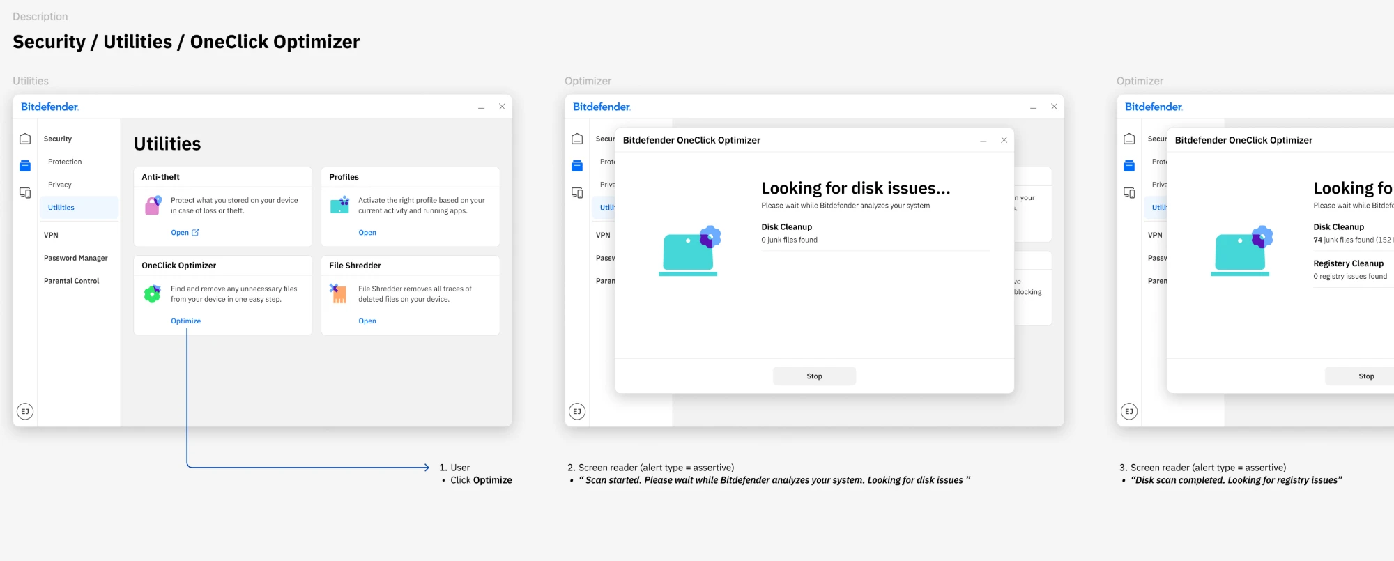 OneClick Optimizer flow: the user clicks Optimize, then the screen reader announces scan started and disk scan completed as live status messages