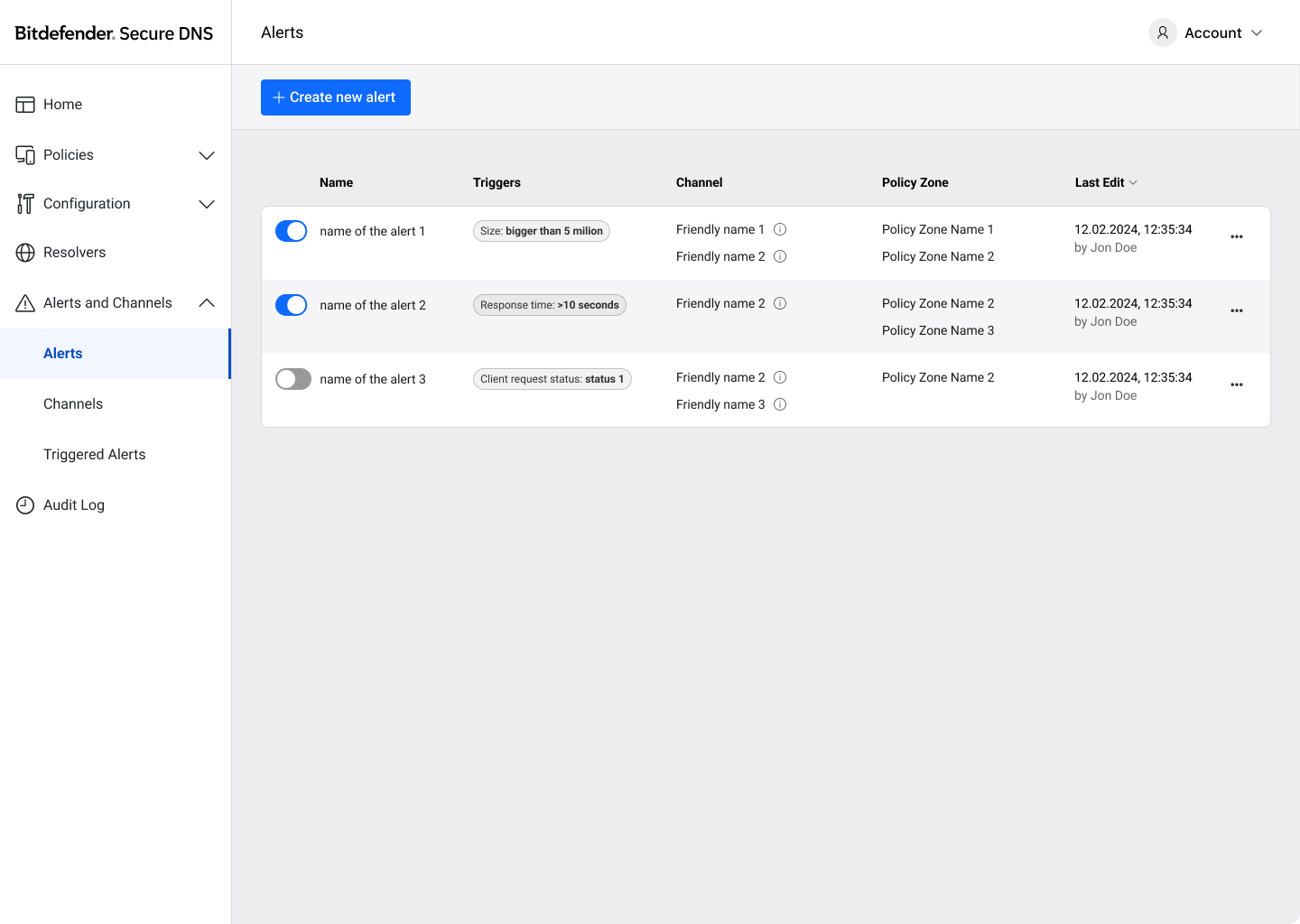 Secure DNS — Alerts list