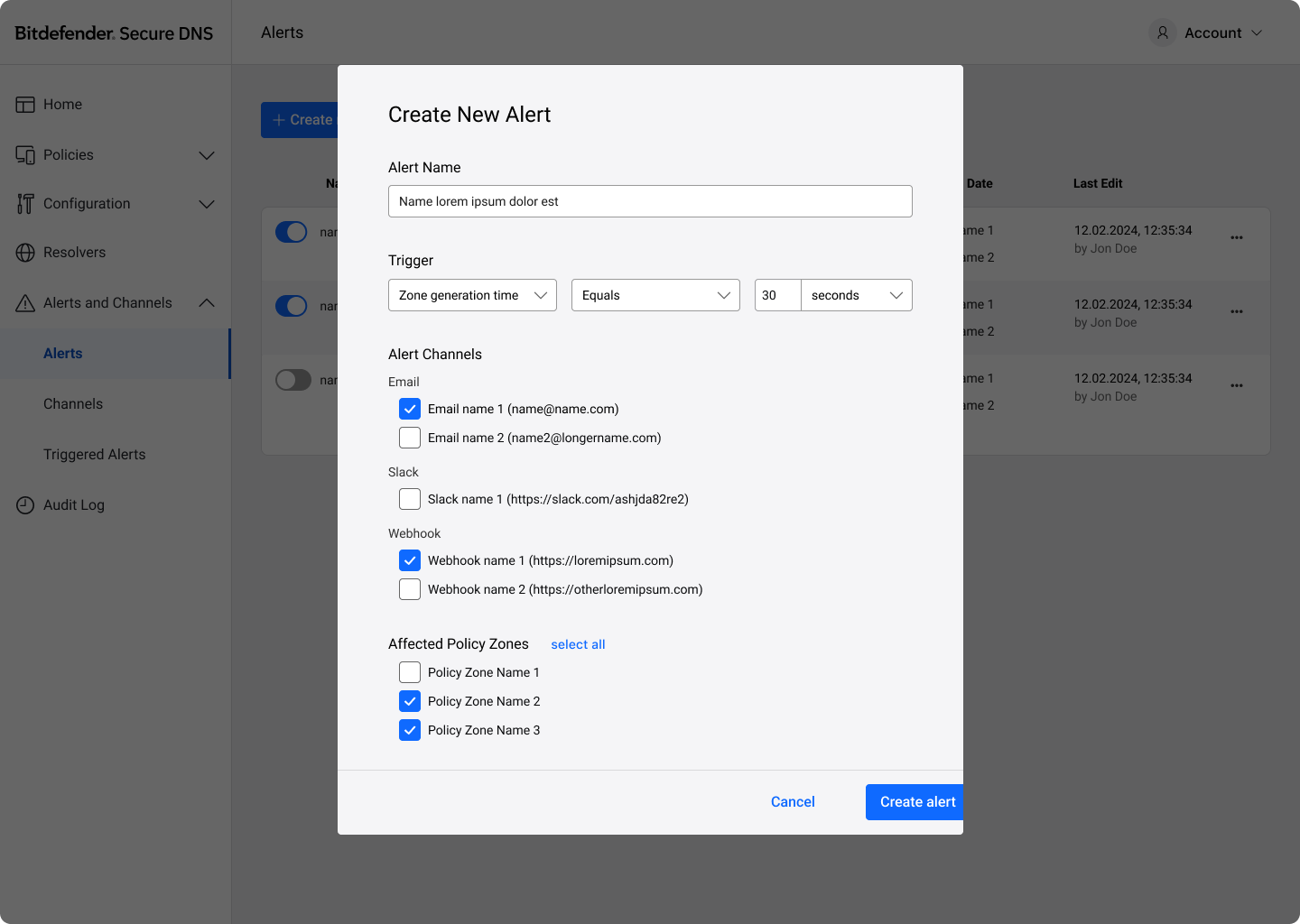 Secure DNS — Create New Alert dialog
