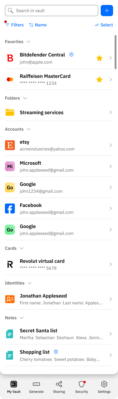 SecurePass — vault list