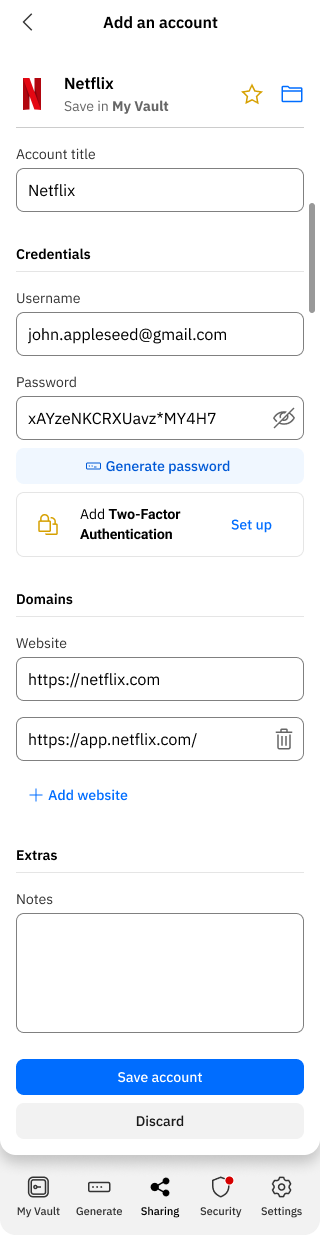 SecurePass — add an account