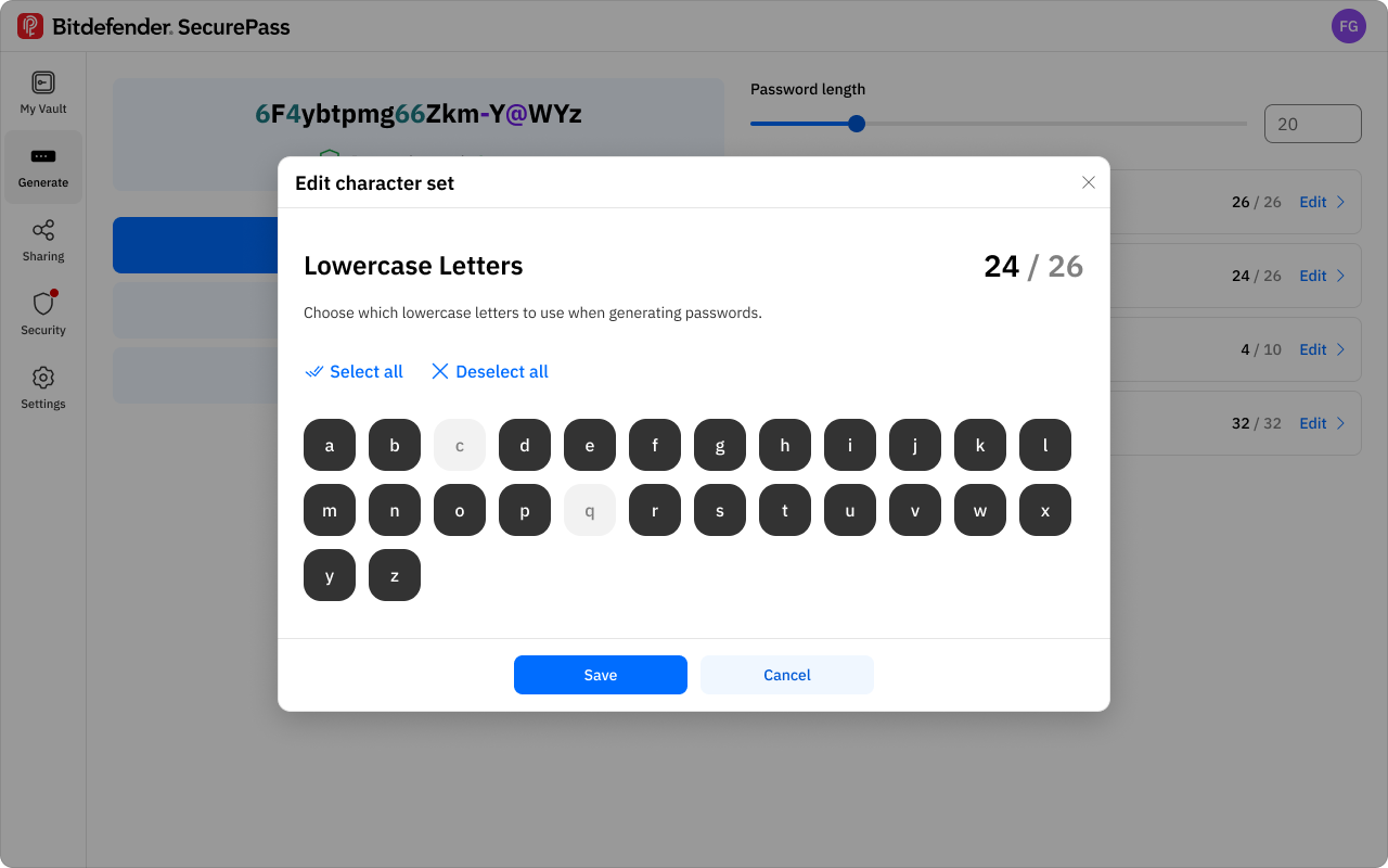 SecurePass — edit character set dialog