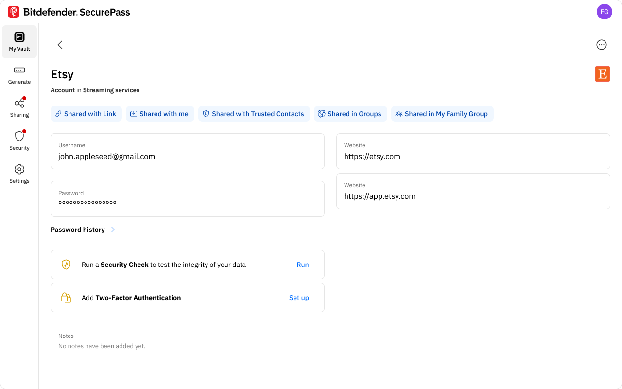 SecurePass — account detail (Etsy)