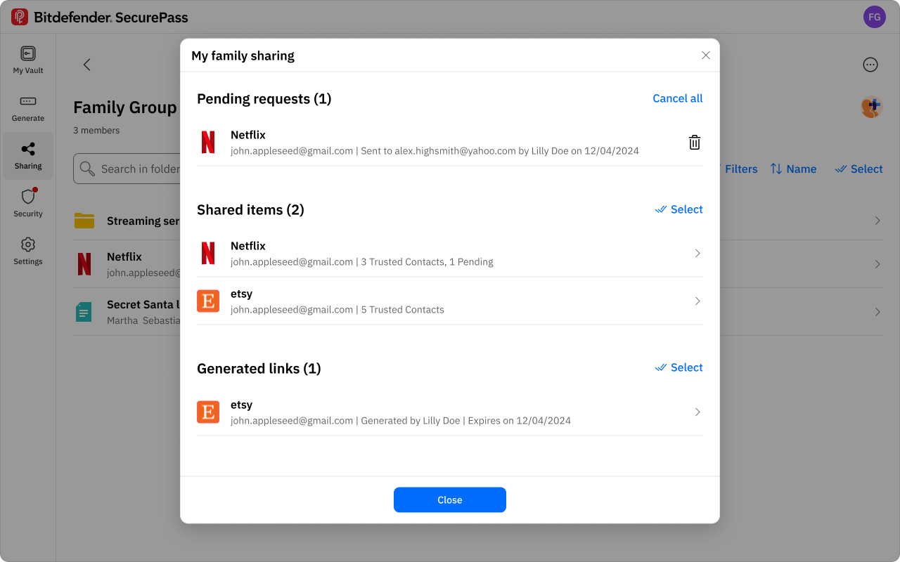 SecurePass — family sharing dialog