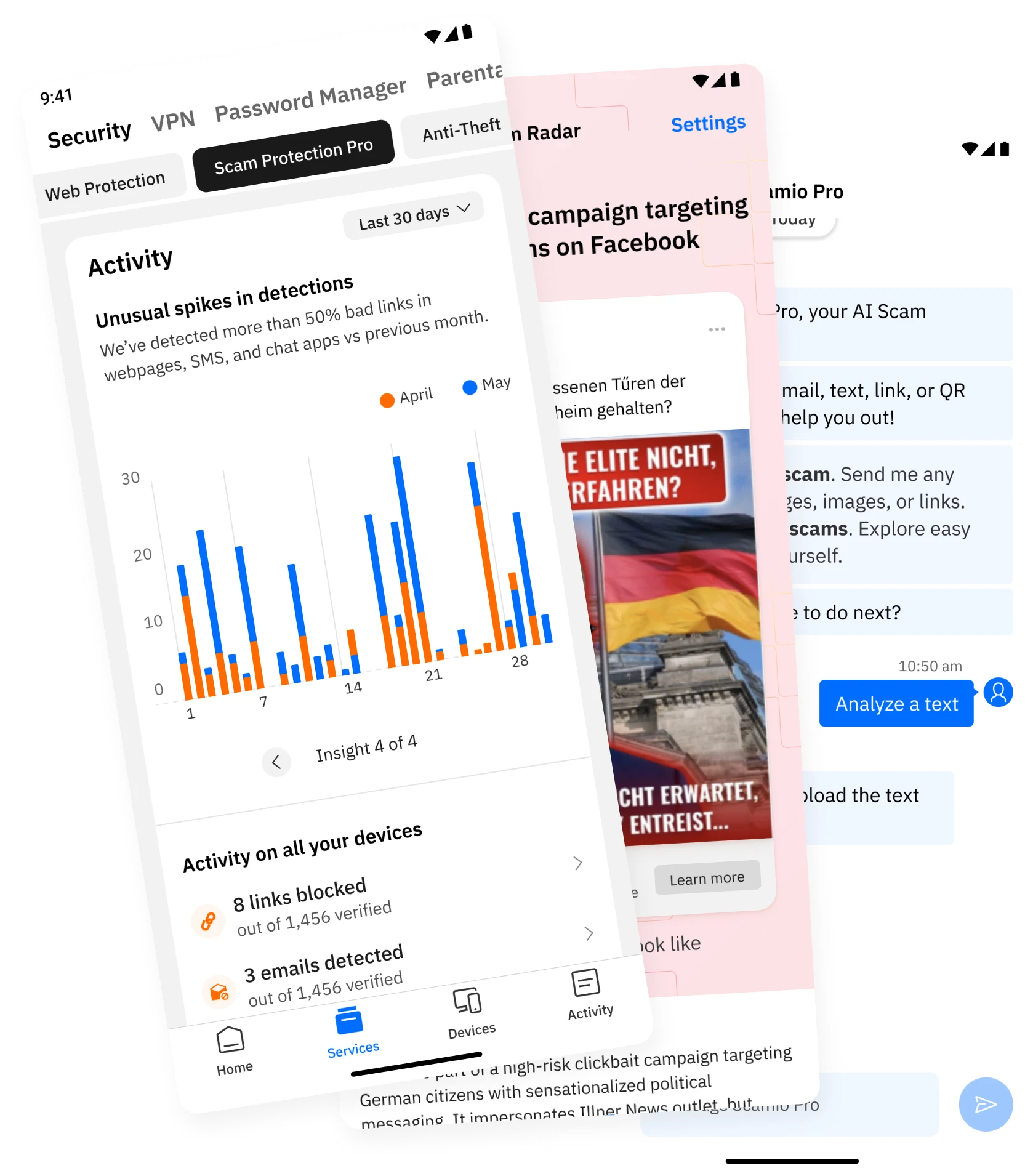 Three Scam Protection screens on mobile: the Activity screen with the Unusual spikes in detections insight, a Scam Radar alert and a chat with Scamio Pro