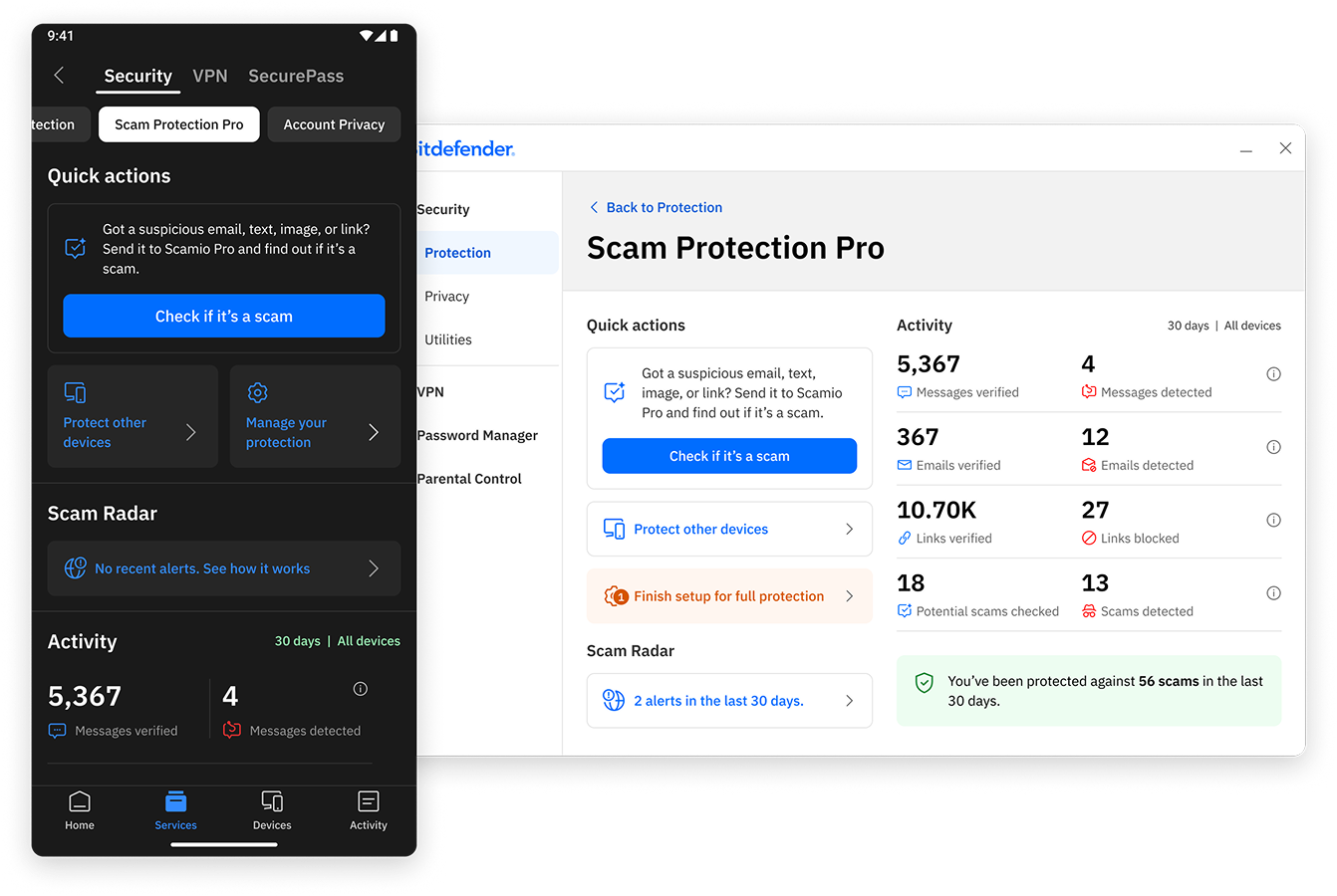 Scam Protection Pro — quick actions and activity