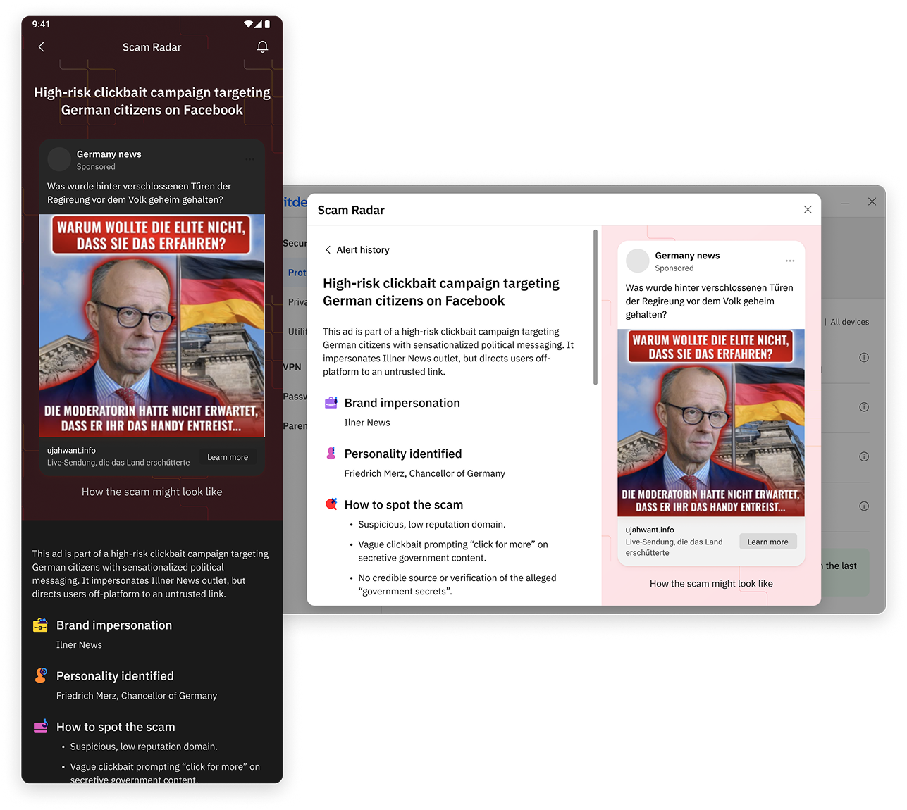 Scam Radar — clickbait campaign alert detail