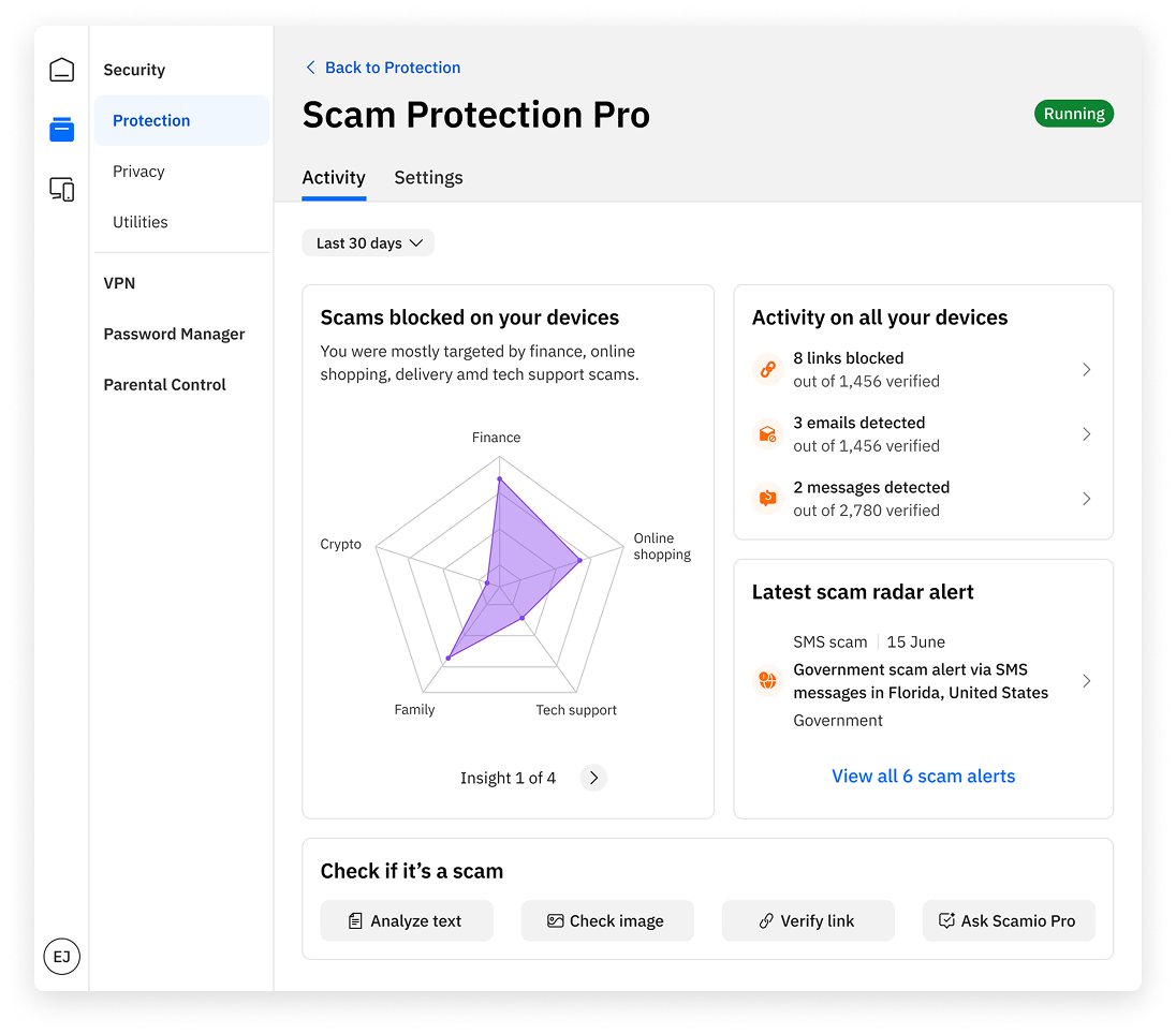 Scam Protection Pro desktop dashboard