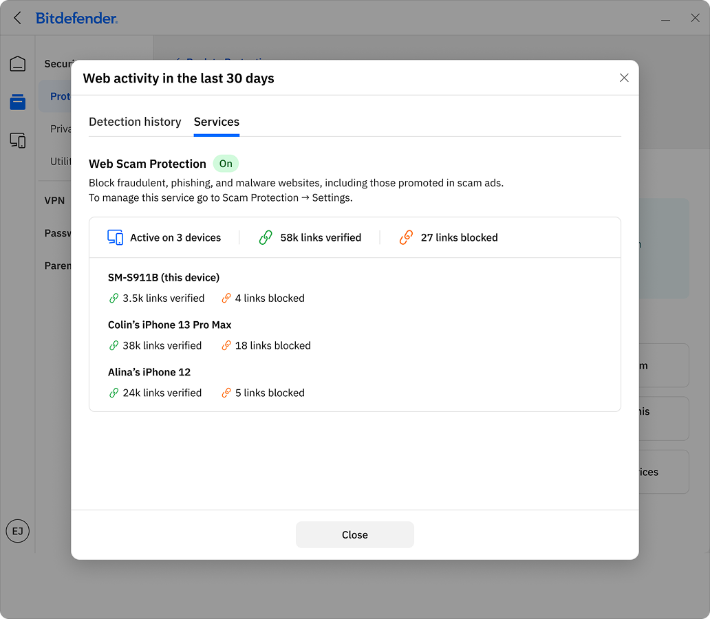 Web activity — services modal