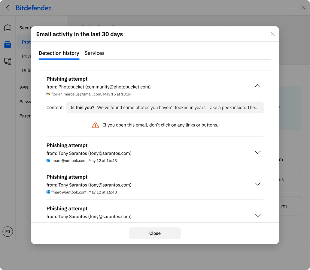 Email activity — detection history modal