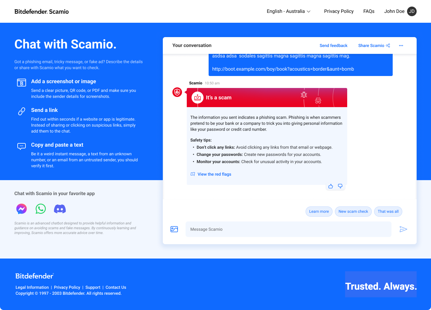 Scamio — chat, scam verdict