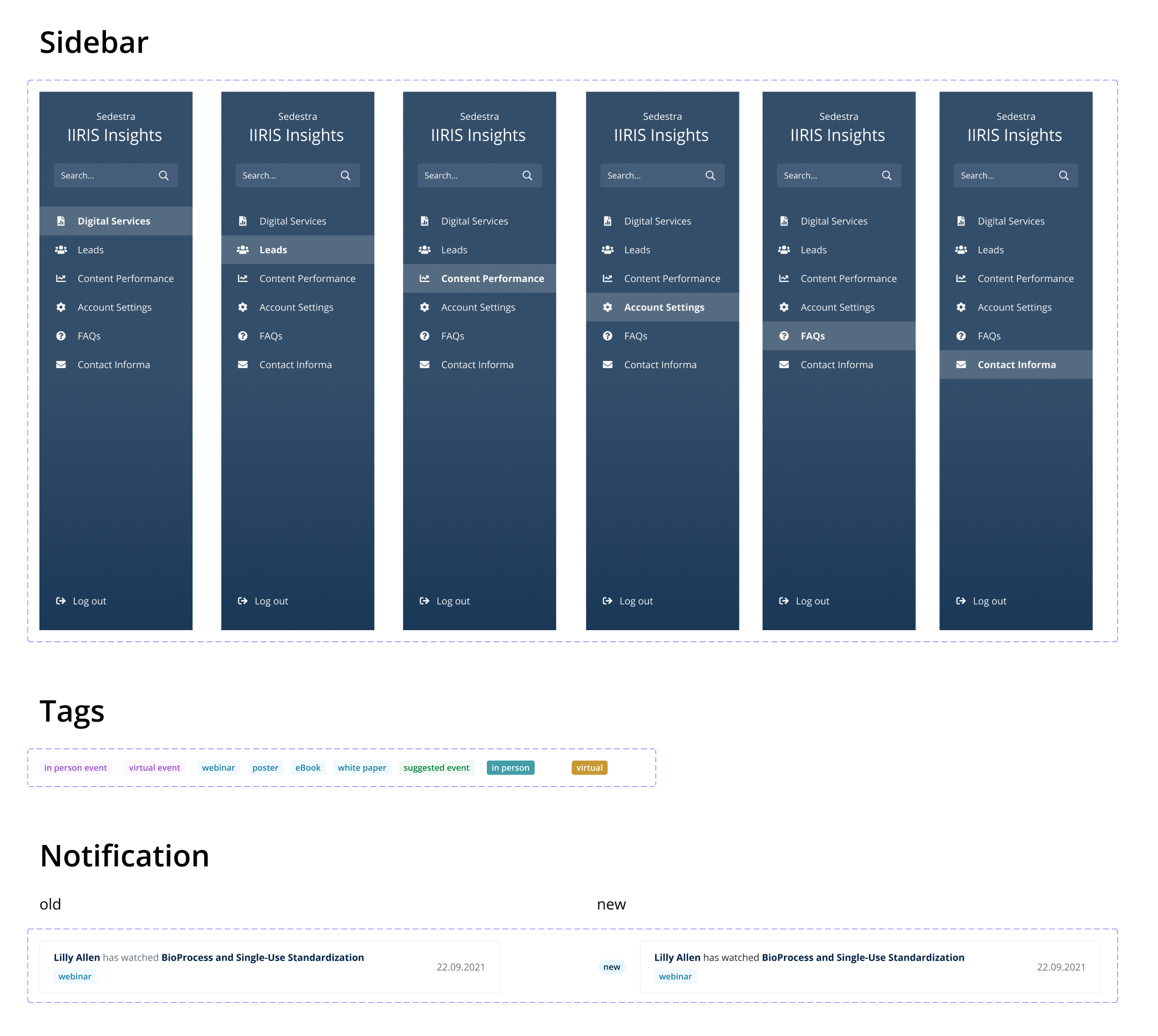 Sidebar, tags and notification components