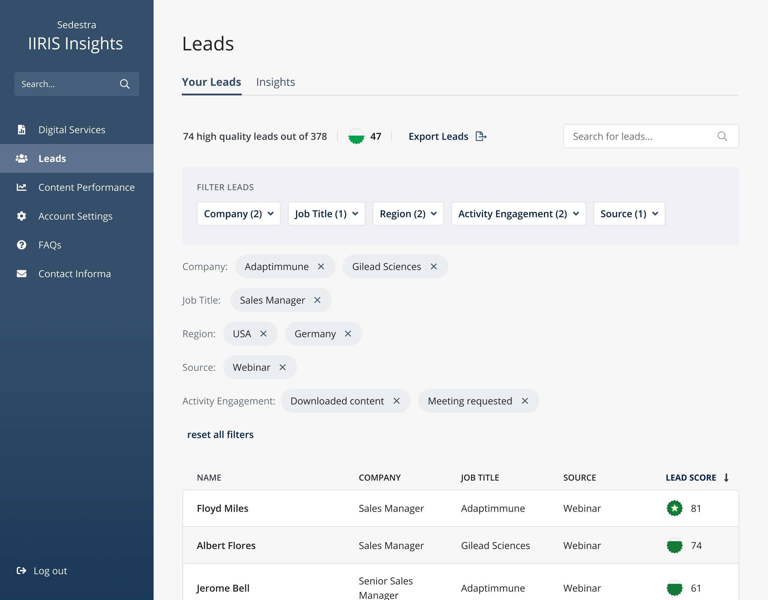 Digital services list screen