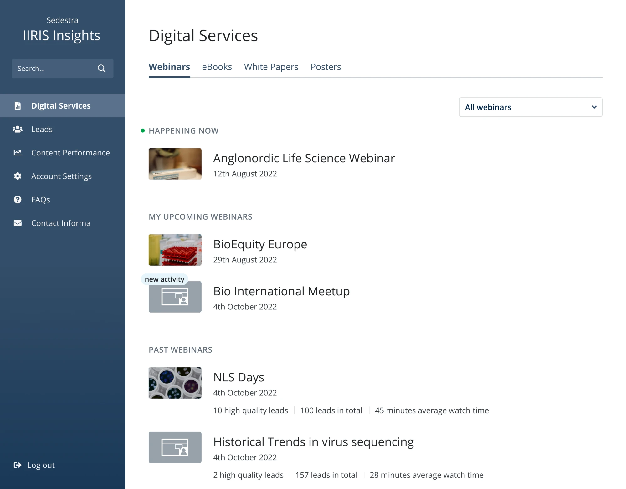 The Digital Services page: webinars happening now, upcoming and past