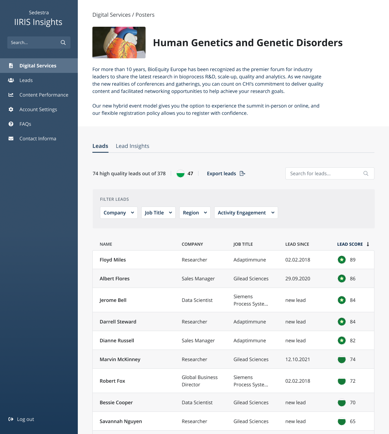 Digital Services, Posters: leads for “Human Genetics and Genetic Disorders”