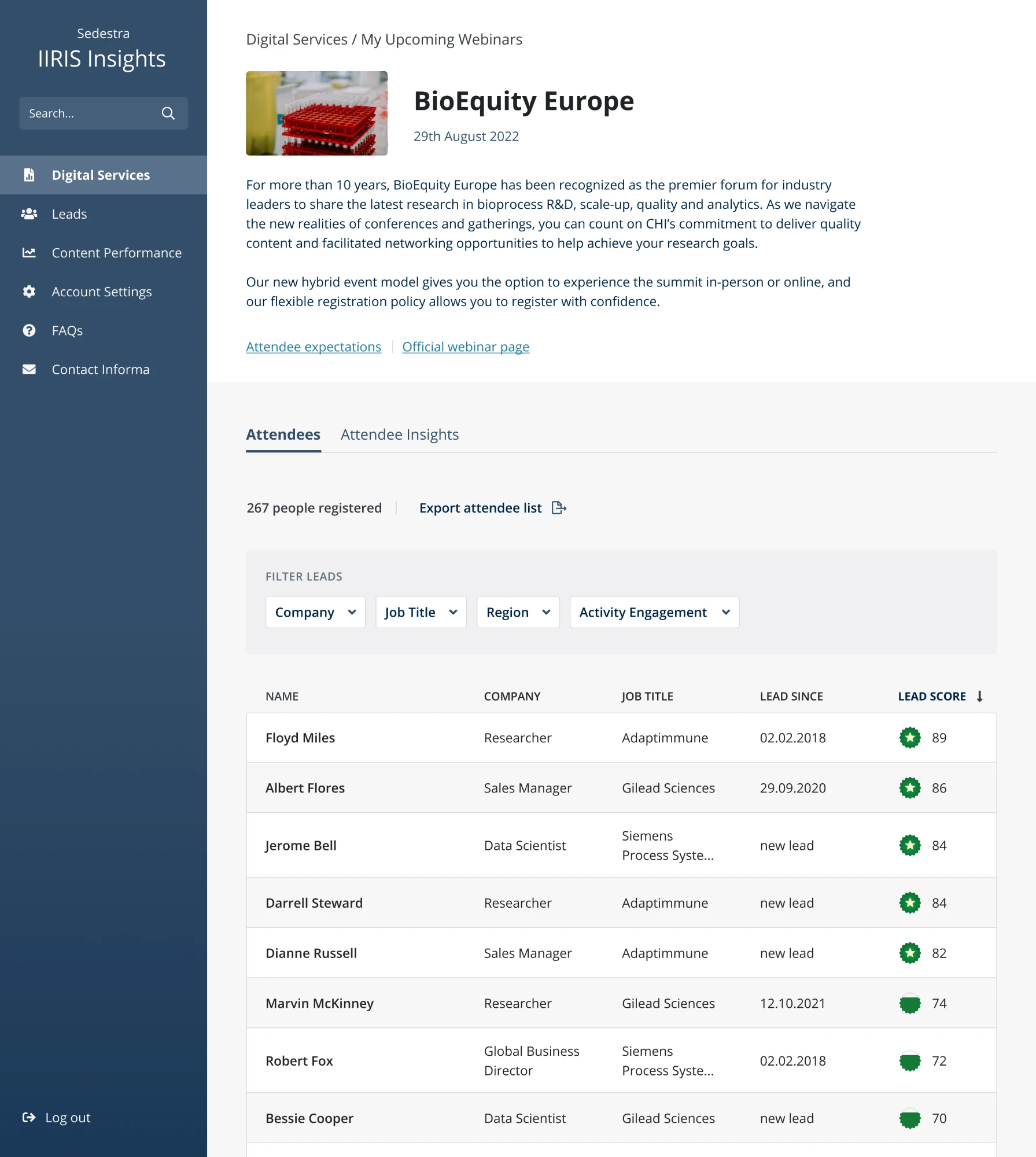 Digital Services, My Upcoming Webinars: attendees for “BioEquity Europe”