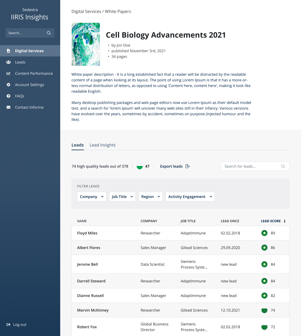 Digital Services, White Papers: leads for “Cell Biology Advancements 2021”