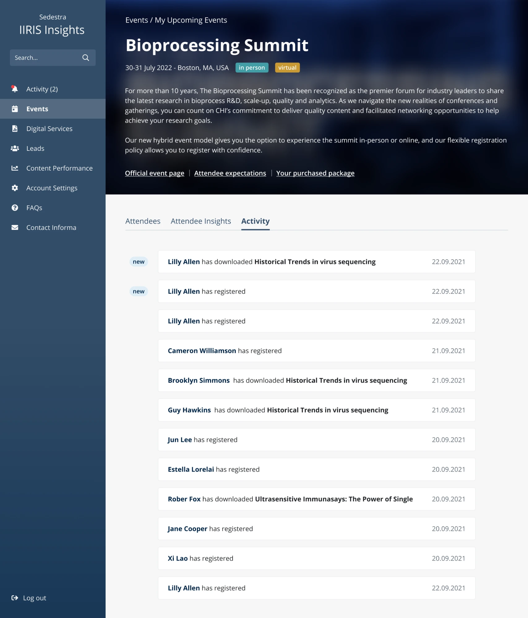 Event page, Activity tab: how people interacted with my content