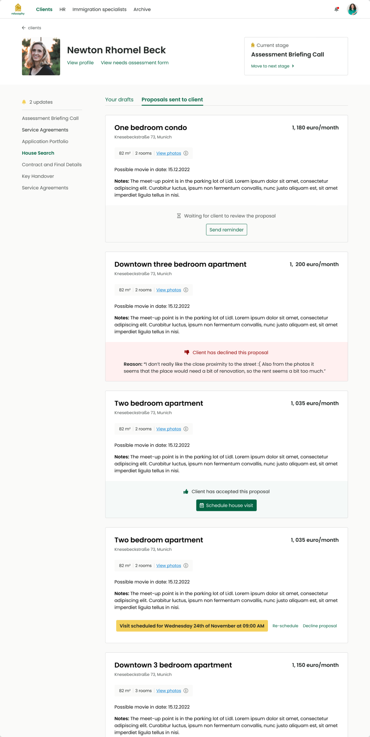 Consultant client page with house proposals
