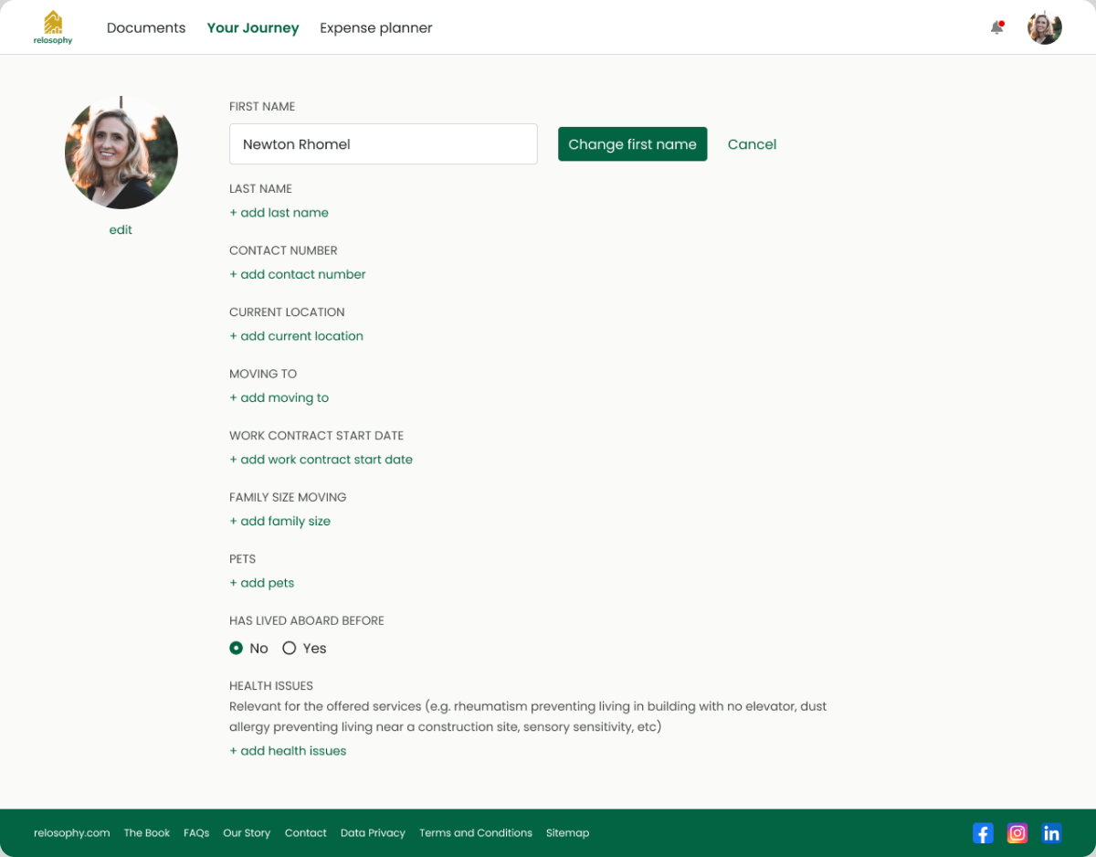 Client profile with a first name being added